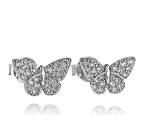 Srebrne Rodowane Kolczyki Motyle, Motylki z Cyrkoniami