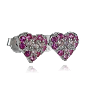 Piękne Srebrne Kolczyki Serce Serca z Różowymi Cyrkoniami