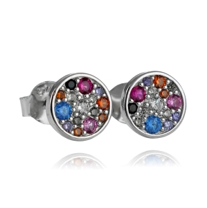 Srebrne Rodowane Kolczyki Kółeczka z Kolorowymi Cyrkoniami 