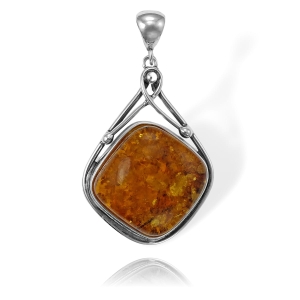 Piękny Srebrny Ażurowy Wisiorek z Bursztynem 