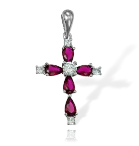Piękny Srebrny Krzyż z Cyrkoniami w kolorze Rubinowym