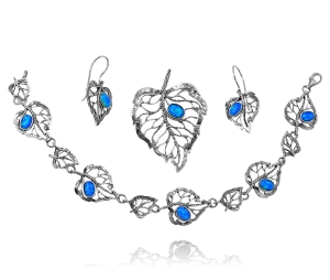 Piękny Srebrny Ażurowy Oksydowany Komplet Liście z Opalem