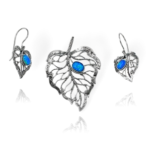 Piękny Srebrny Ażurowy Oksydowany Komplet Liście z Opalem