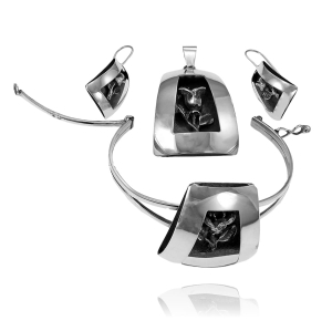 Piękny Srebrny Oksydowany Komplet z Różą