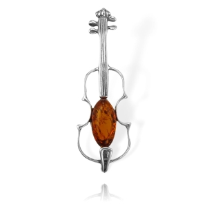 Piękny Srebrny Wisiorek - Wiolonczela z Bursztynem