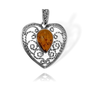 Srebrny Ażurowy Wisiorek Oksydowane Serce z Bursztynem