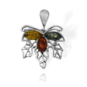 Srebrny Wisiorek Liść, Listek z Bursztynami ! 