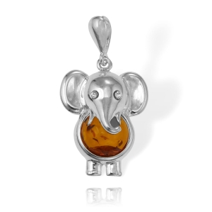  Srebrny Wisiorek Słoń Słonik z Bursztynem i Cyrkoniami