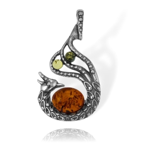  Srebrny Oksydowany Wisiorek Paw z Bursztynami