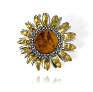 Srebrny Pozłacany Wisiorek Kwiat Słonecznik z Bursztynem 