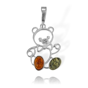 Cudny Srebrny Wisiorek Miś z Bursztynami i Cyrkonią!