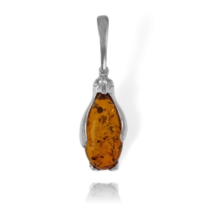 Cudny Srebrny Wisiorek Pingwin Pingwinek z Bursztynem ! 