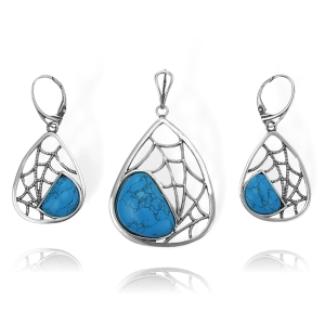 Srebrny Ażurowy Oksydowany Komplet Pajęczyna z Turkusem