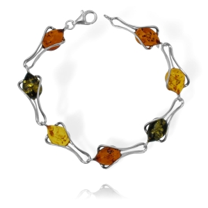 Piękna Srebrna Efektowna Bransoletka z Bursztynami