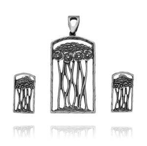 Srebrny Ażurowy Oksydowany Komplet Kwiatki, Kwiatuszki