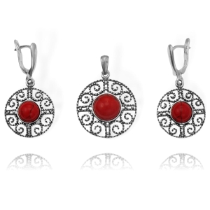 Srebrny Ażurowy Oksydowany Komplet z Jaspisem