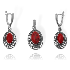 Srebrny Ażurowy Oksydowany Komplet z Jaspisem 