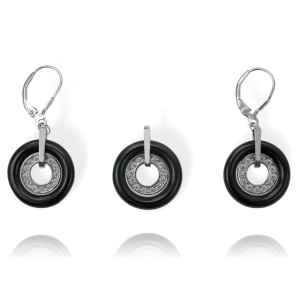 Srebrny Komplet Ceramika Kółka Okręgi z Cyrkoniami 