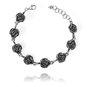 Piękna Srebrna Oksydowana Bransoletka Róże z Różami