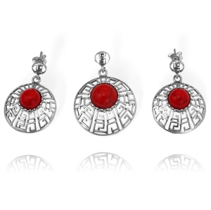 Srebrny Ażurowy Komplet Grecki Wzór z Jaspisem Koralowym !