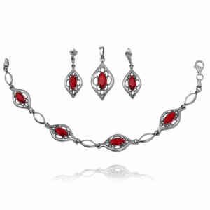 Piękny Srebrny Komplet z Czerwonymi Cyrkoniami