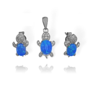 Piękny Srebrny Komplet Żółwie z Opalem i Cyrkoniami ! 