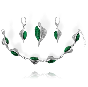 Piękny Srebrny Oksydowany Komplet z Malachitem ! 