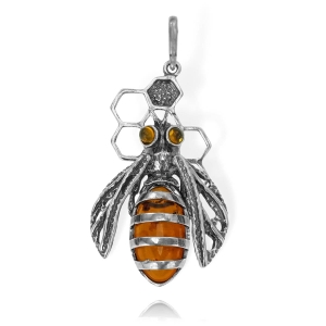 Srebrny Oksydowany Wisiorek Pszczoła z Bursztynem 