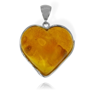 Piękny Srebrny Wisiorek Serce z Dużym Bursztynem  