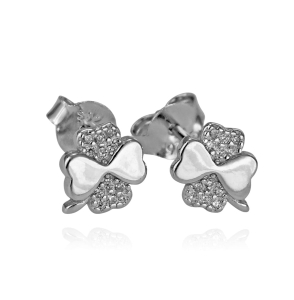 Srebrne Rodowane Kolczyki Koniczynki z Cyrkoniami 