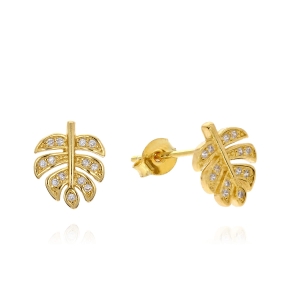 Srebrne Pozłacane Kolczyki Liście Listki Monstery z Cyrkoniami