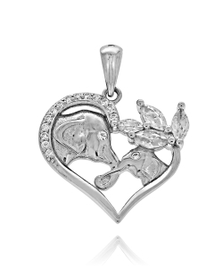 Srebrny Rodowany Wisiorek Serce Dwa Słonie w Sercu z Cyrkoniami