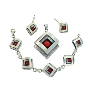 Piękny Srebrny Satynowany Komplet z Koralem !!!