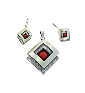 Piękny Srebrny Satynowany Komplet z Koralem !!! KL-01