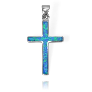 Piękny Srebrny Krzyż, Krzyżyk z Niebieskim Opalem  