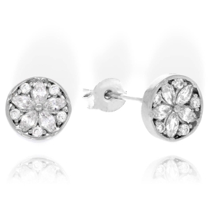 Srebrne Rodowane Okrągłe Kolczyki Kwiatuszki z Cyrkoniami 