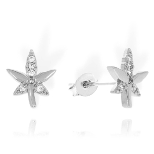 Srebrne Rodowane Kolczyki Liście Marihuany z Cyrkoniami 