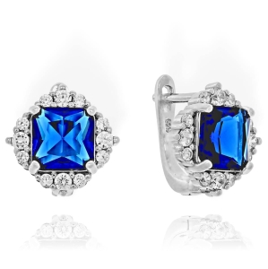 Piękne Srebrne Rodowane Kolczyki z Dużą Niebieską Cyrkonią 