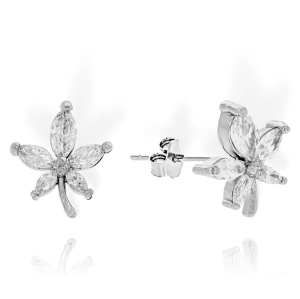 Piękne Srebrne Rodowane Kolczyki Liście, Listki z Cyrkoniami 