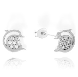 Piękne Srebrne Rodowane Kolczyki Delfiny z Cyrkoniami