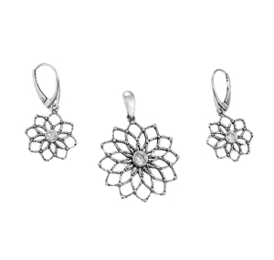 Srebrny Oksydowany Ażurowy Komplet Kwiatki z Cyrkoniami