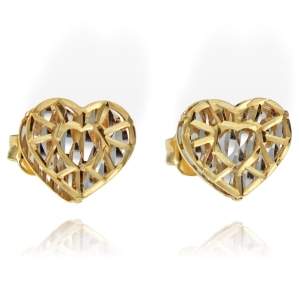 Piękne Złote Ażurowe, Diamentowane Kolczyki Serca - pr. 585 