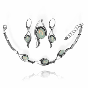 Piękny Srebrny Oksydowany Komplet z Opalem 