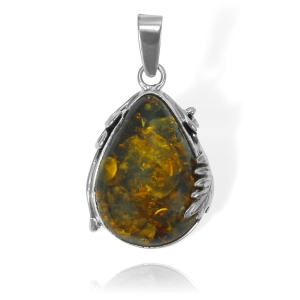 Piękny Srebrny Wisiorek z Listkiem z Bursztynem