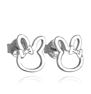 Srebrne Rodowane Kolczyki Zajączki Króliczki z Kokardkami