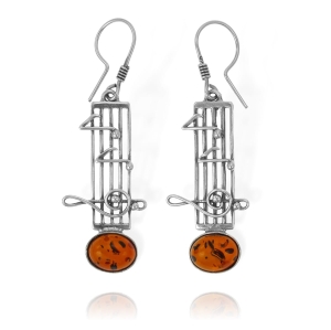 Srebrne Kolczyki Pięciolinia z Nutkami z Bursztynem! 