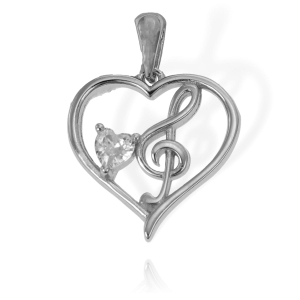 Srebrny Wisiorek Serce z Kluczem Wiolinowym z Cyrkonią