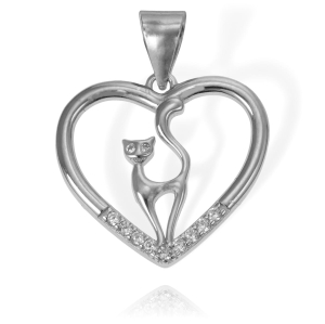 Srebrny Wisiorek Serce z Kotem z Cyrkoniami  