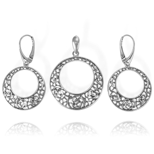 Srebrny Ażurowy, Oksydowany Komplet Piękny Wzór