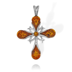 Piękny Srebrny Krzyż z Bursztynami - pr. 925